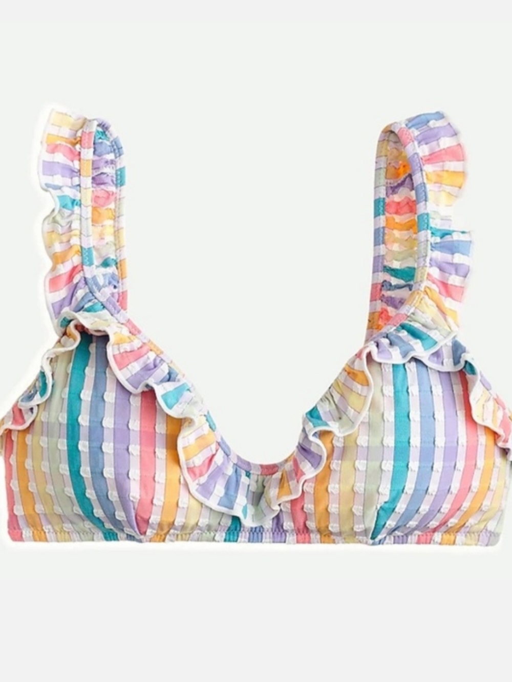 NWOT J. Crew Pastel Rainbow Stripe Ruffle Seersucker Bikini Top XS